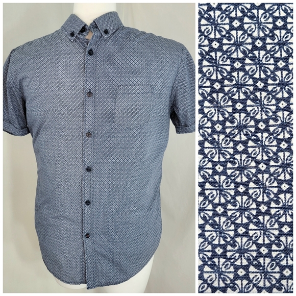Steel & Jelly Button Up SHIRT Mens Size L Navy Blue White Short Sleeve Geometric - Picture 1 of 16